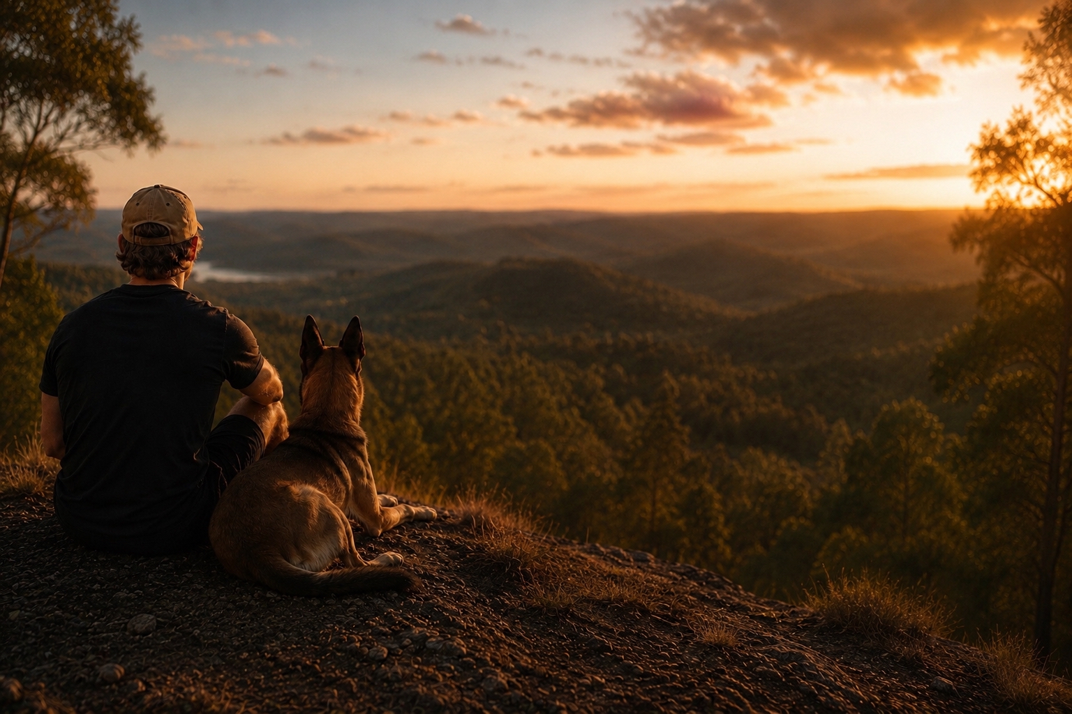 Dog and handler sitting on hillside
